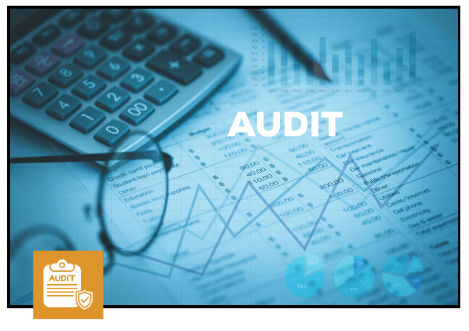 A calculator, glasses, and audit documents with "AUDIT" overlaid, plus a small audit icon